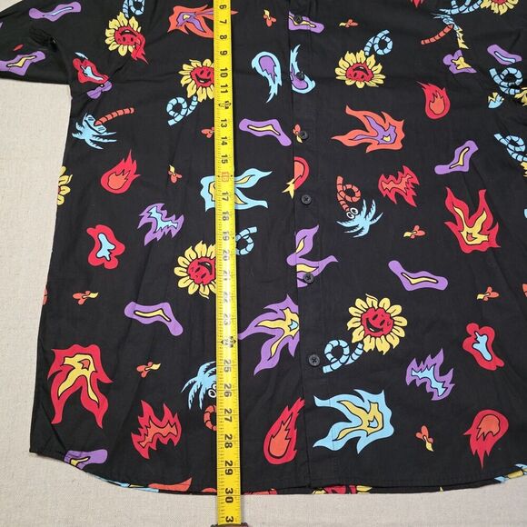 Neff Mens Size Large Fireballs And Daisys All Over Print Button Down Shirt Black - Picture 6 of 6
